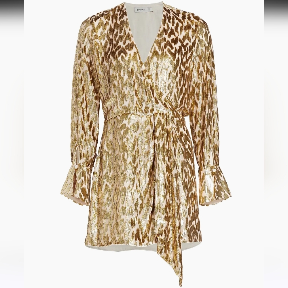 Elegant Gold Leopard Print Long Sleeve Dress